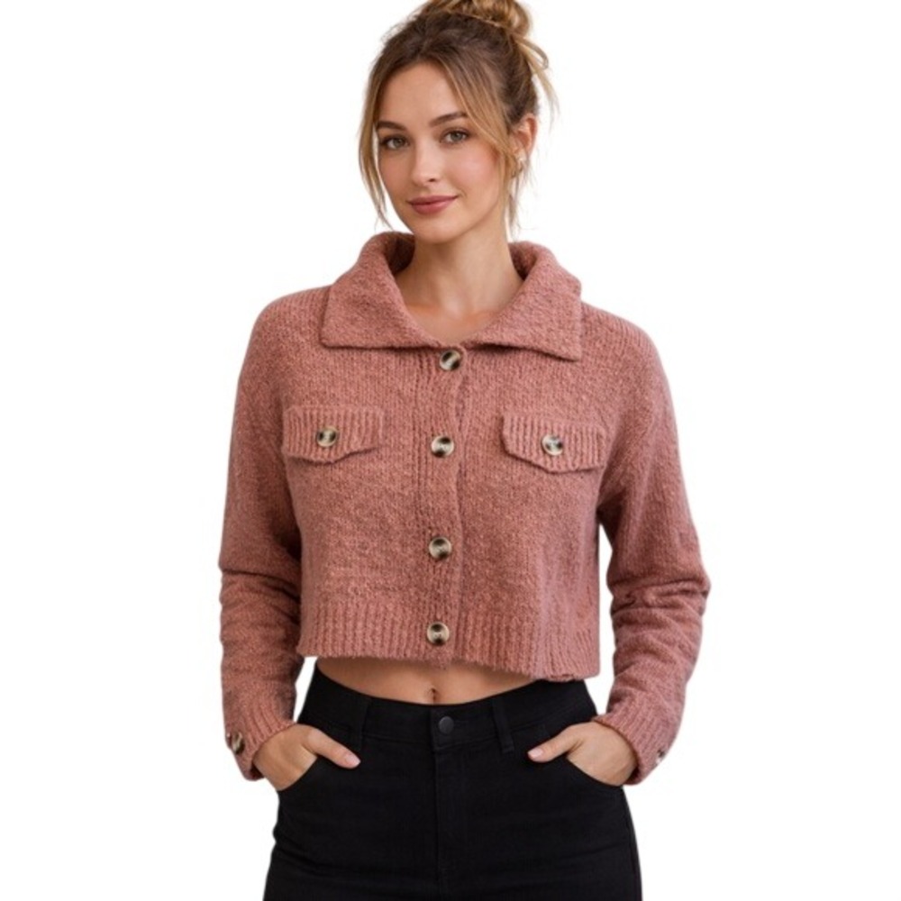 Pink Rose NWT Cropped Cardigan Sweater Womens Size‎ Large Pink Buttons Collar